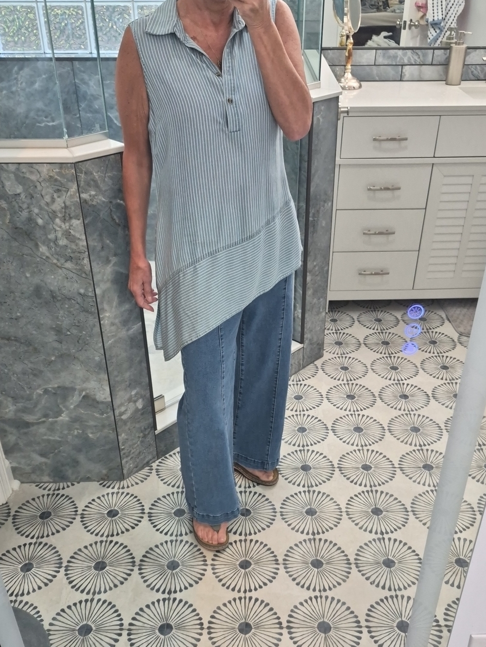 New DIrecti Sleeveless Collared Striped Asymmetric Tunic - Blue & White